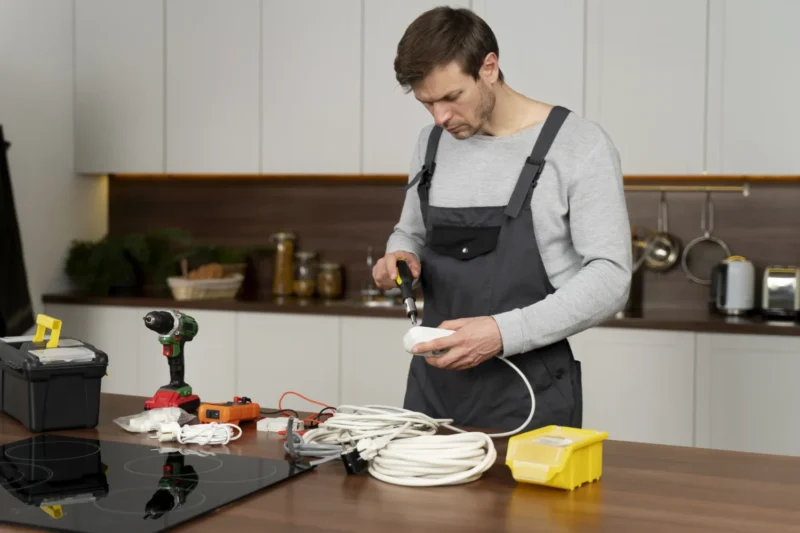 Technician repairing kitchen appliances including oven and microwave in Albany NY