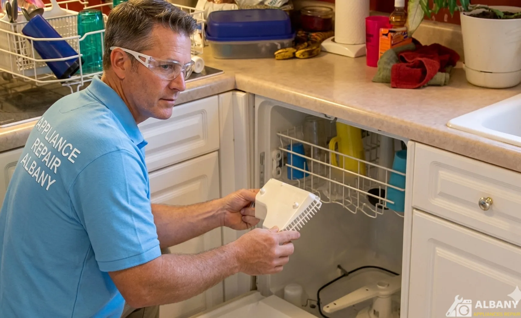 Man repairing a dishwasher in kitchen