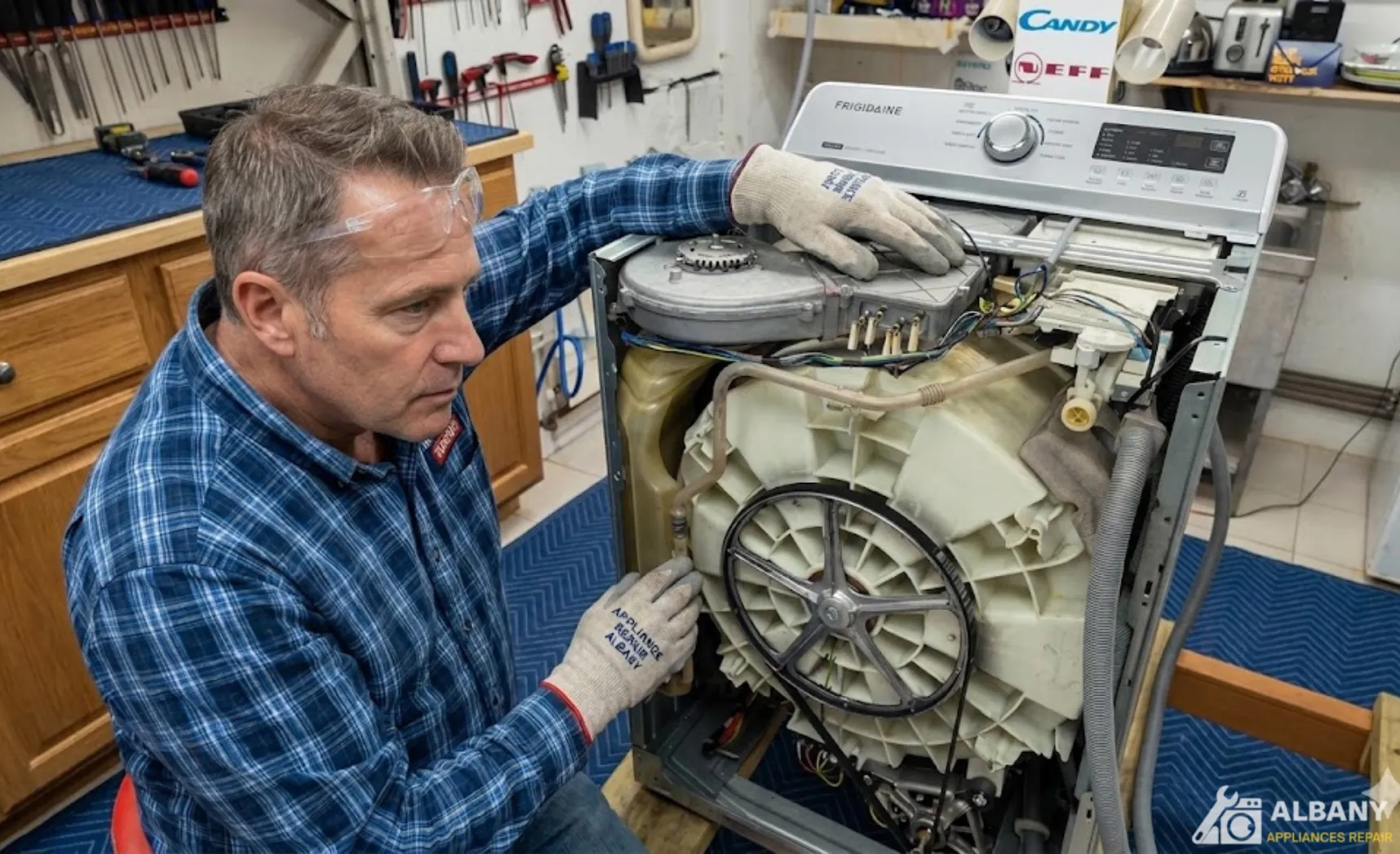 Man repairing a disassembled dryer