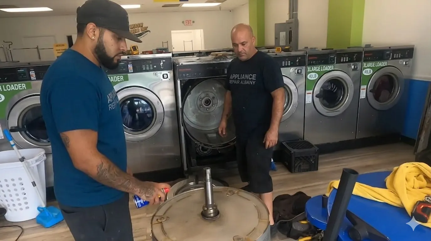 two guys are repairing the washer tub