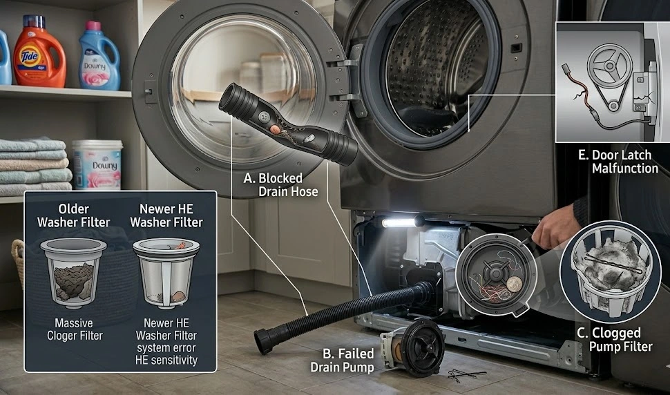 An educational technical diagram overlaying a real laundry room scene, pointing out appliance failure points. Callouts show a blocked drain hose, a failed drain pump, a clogged pump filter basket filled with lint and a hairpin, and a door latch malfunction diagram, contrasting an older washer filter with a highly sensitive modern HE washer filter system.