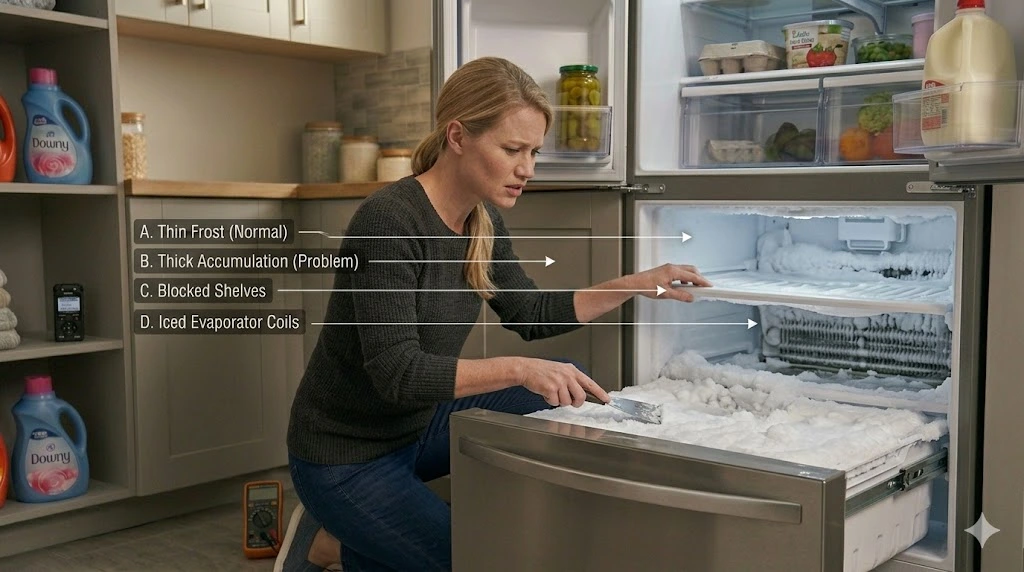 A concerned woman scrapes heavy ice accumulation from a freezer drawer in a kitchen. The image features a diagram pointing to different frost issues: thin frost, thick accumulation, blocked shelves, and iced evaporator coils, indicating a defrost system failure.