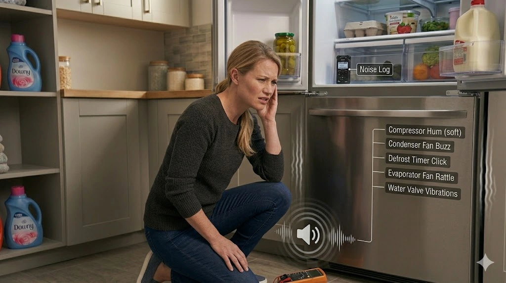 A concerned woman listens to a noisy refrigerator while a soundwave graphic isolates potential issue areas like the compressor hum, condenser fan buzz, and evaporator fan rattle.
