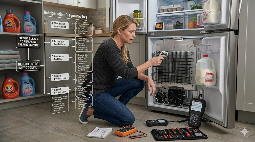 A woman diagnoses a refrigerator that is not cooling properly using tools and a technical diagnostic tree flowchart detailing faults like evaporator fan failure and a clogged condenser coil.