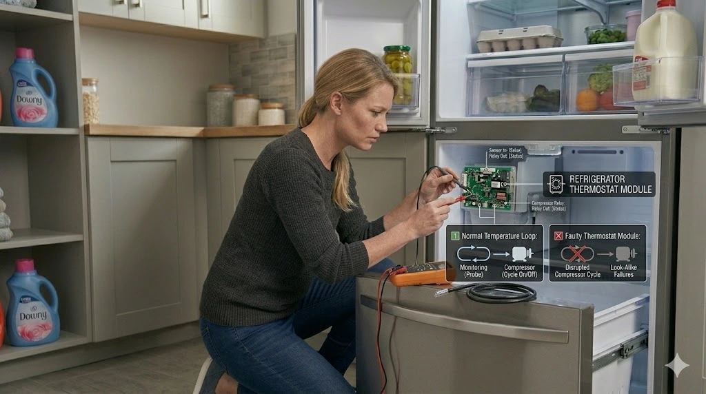 A woman kneeling in a kitchen uses a digital multimeter to test an exposed control board module inside an open refrigerator. A conceptual diagram overlays the scene, illustrating how a normal temperature loop is disrupted by a faulty thermostat, causing compressor cycle issues and look-alike failures. The refrigerator interior is stocked with food, and Downy bottles are on adjacent shelves.