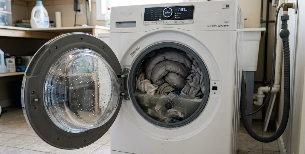 A front-load washing machine with its door open, showing a heavy, wet grey comforter trapped inside sitting in a pool of undrained soapy water, highlighting a partial drain blockage during the spin cycle.