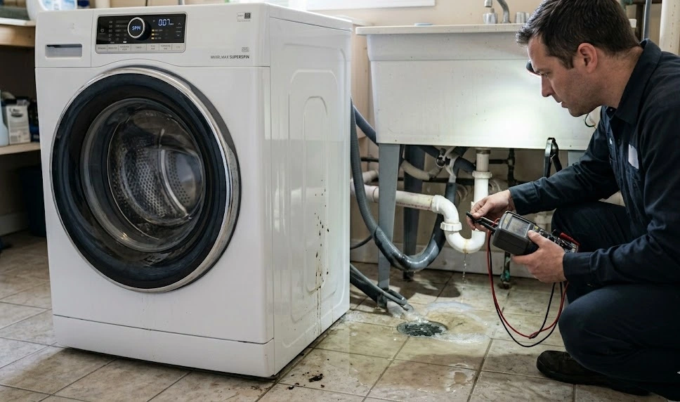 A professional repair technician using a digital multimeter tool to diagnose a white front-load washing machine with water backing up from the floor drain and pipes under a utility sink.