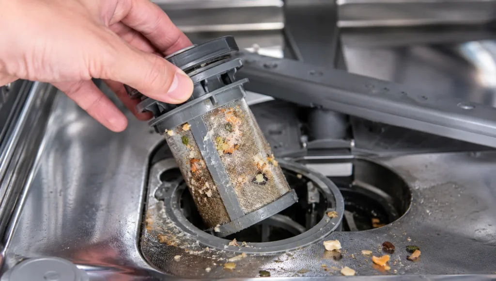 Dirty dishwasher filter filled with food debris and residue causing bacteria buildup and unpleasant dishwasher odors